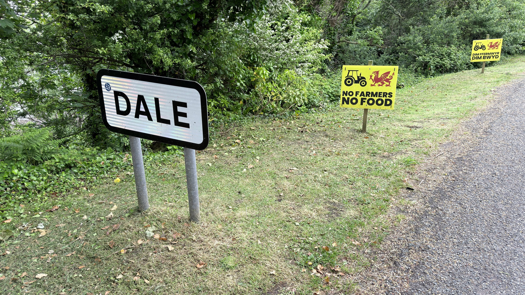 A road sign labeled Dale is positioned near two yellow signs featuring red tractor illustrations and a message reading No Farmers No Food on a grassy area beside a road.