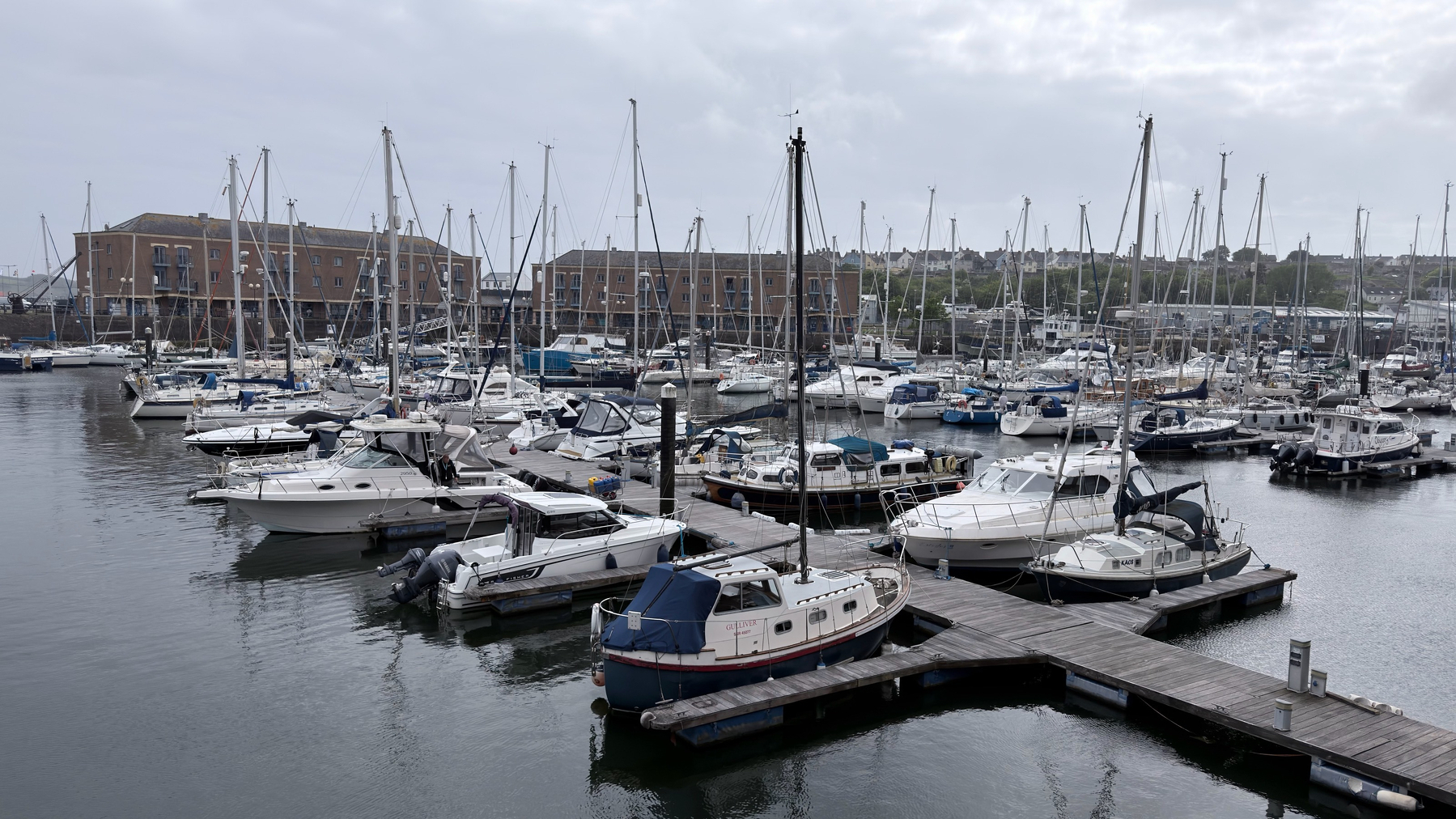 Numerous boats are docked at a marina on a cloudy day, with waterfront buildings and sailboat masts in the background.
