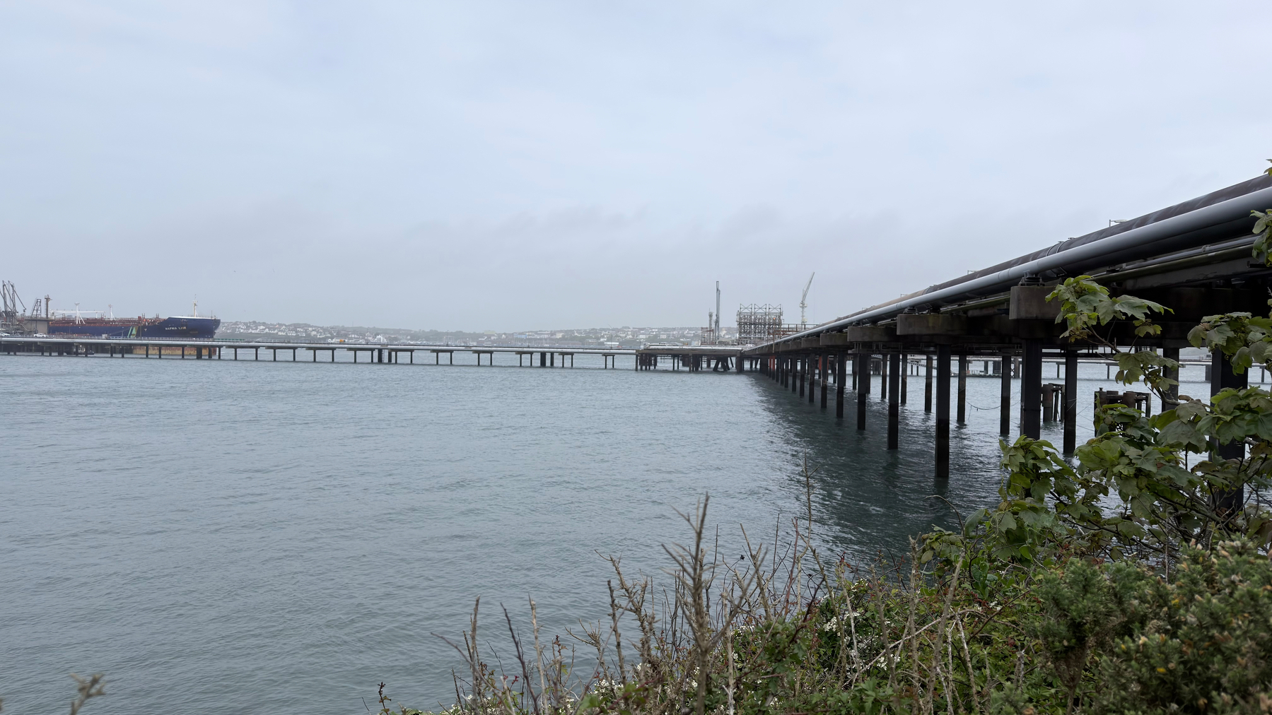 A long, elevated industrial pier extends over a body of water with an overcast sky and vegetation in the foreground.